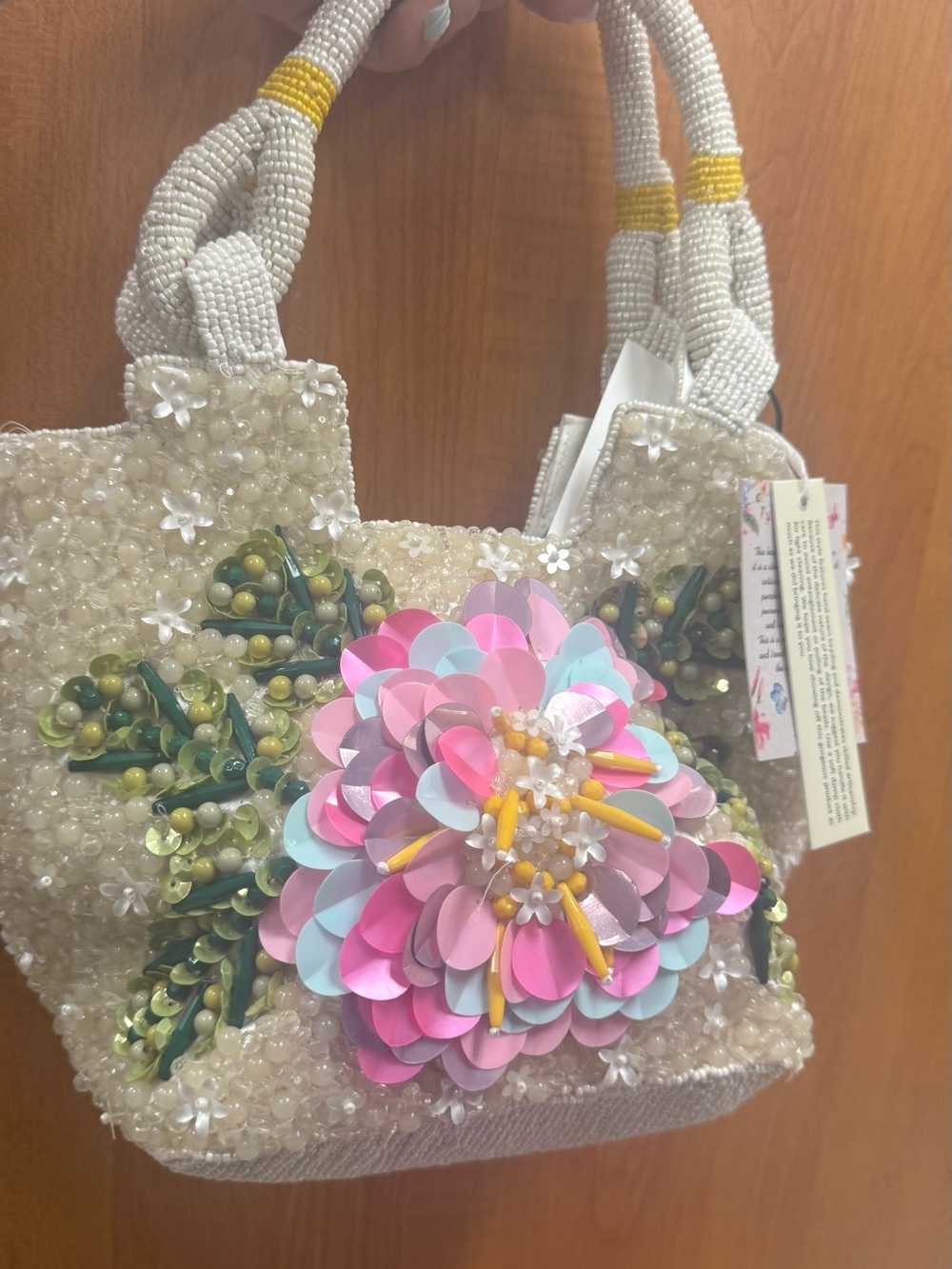 Beaded Floral Handbag with Pink & Pastel Flower Accent